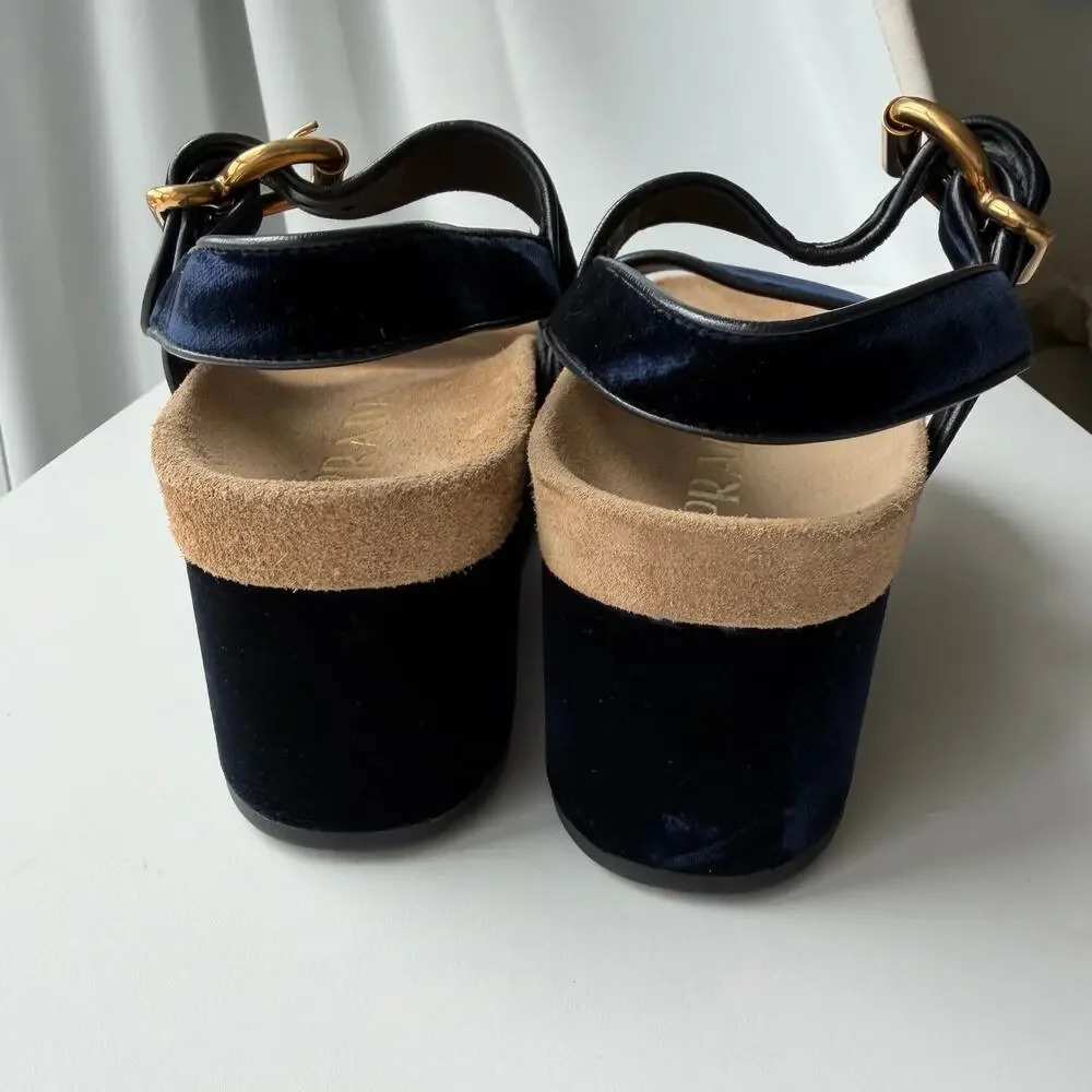 Prada (38) Navy Velvet Platform Sandals Double Strap Gold Buckle Comfortable